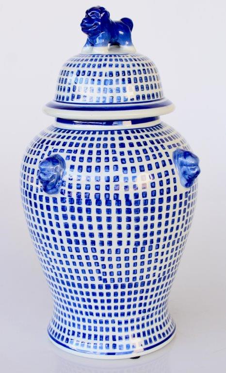 Large Blue Pattern Ginger Jar With Dog Lid
